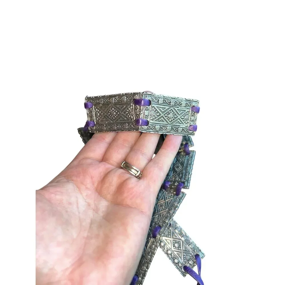 Vintage purple leather belt metal ring buckle boho festival 34